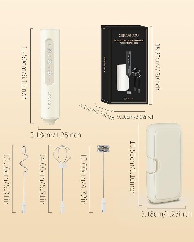 CIRCLE JOY Rechargeable Handheld Milk Frother Wand with 3 Variable Speeds, 3 Whisks and Storage Box, Electric Drink Mixer for Latte, Cappuccino, Hot Chocolate, Eggs and Protein Powder, Beige