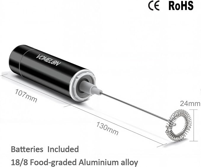 Milk Frother Handheld, Battery Operated Coffee Foamer Drink Mixer with 2 Stainless Steel Electric Whisks for Coffee, Latte, Cappuccino, Hot Chocolate, Protein，Egg Batteries Included,Black