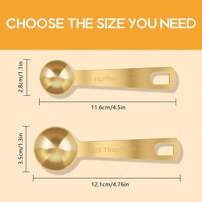 2 PCS 2 Teaspoon(10 mL, 2tsp, 2/3tbsp) Stainless Steel Single Measuring Spoon, Easy to Use and Easy to Wash Metal Measuring Scoop Kitchen Gadgets for Cooking & Baking(Gold)