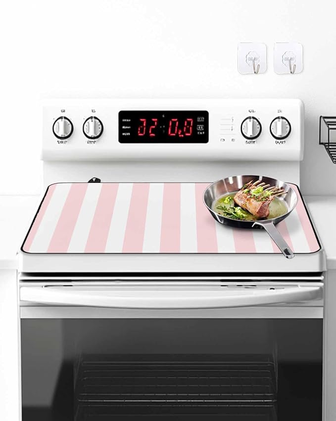 Stove Top Covers for Electric Stove 31x24 Inches, Pink Stripes HeatResistant Glass Cooktop Protector, Modern Farmhouse Pink White Vertical Striped Ceramic Stovetop Countertop Covers Mat, Oven Cover