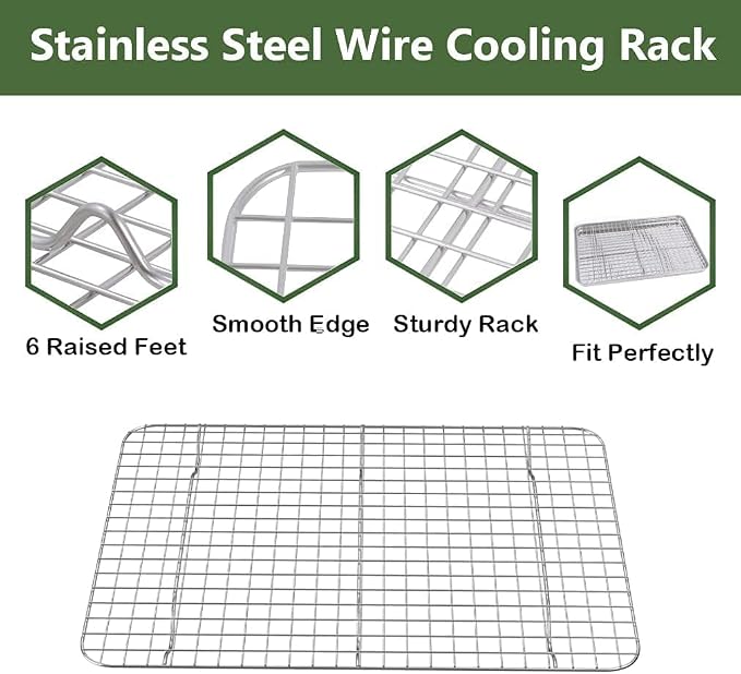Half Baking Sheet Pan Cooling Rack Set, Stainless Steel 2 Pans + 2 Racks | 18x12x1 Inches Baking Sheet Pan with Nonstick, Warp Resistant, Heavy Duty Design for Baking, Roasting, and Cooking