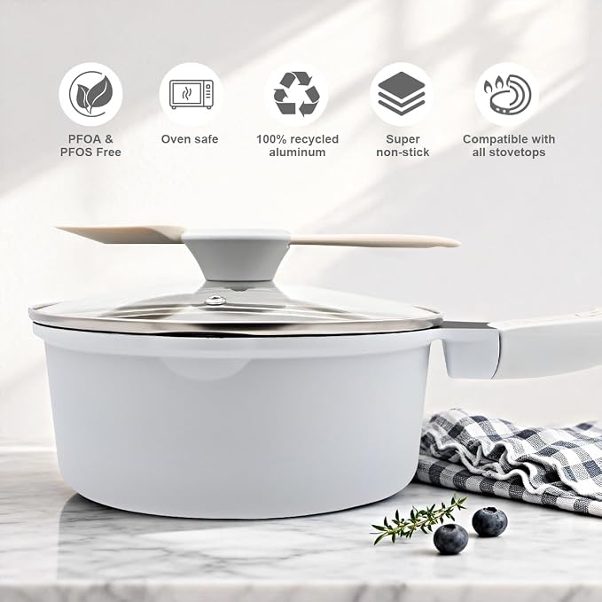2.5 Qt Saucepan with Lid, Nonstick Sauce Pot with Pour Spout, White | Milk Pot with Detachable Handle, Compatible for All Stoves Including Induction, Oven Safe, PFOA PFAS PTFE Free