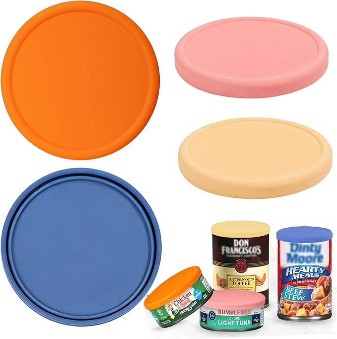 4 Inch Silicone Tuna Can Lids for Bumble Bee, 4 Pack Reusable Can Cover Topper for Chicken of the Sea, Silicone Can Lids for DINTY MOORE Stew Can 15oz or DON FRANCISCO'S coffee Can 12oz