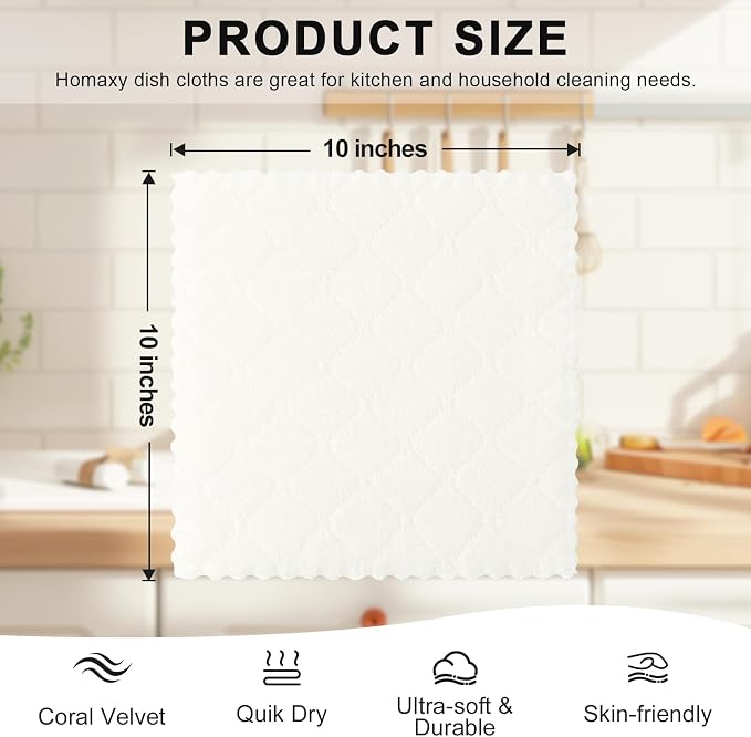 Homaxy 12 Pack Super Soft & Absorbent Dish Cloths, 10" x 10", White | Coral Velvet, Nonstick Oil Fast Drying Microfiber Cleaning Cloth, No Lint Household Dishcloths