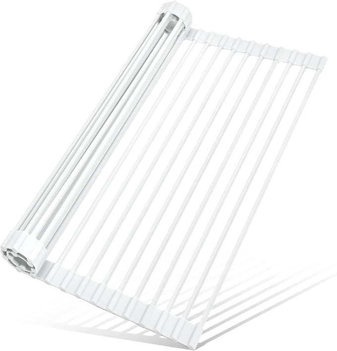 MERRYBOX Roll Up Over The Sink Dish Drying Rack Silicone Wrapped Foldable, Heat-Resistant, Anti-Slip Sink Rack Multipurpose Dish Drainer for Kitchen Sink Counter - White, 17.5" x 11"