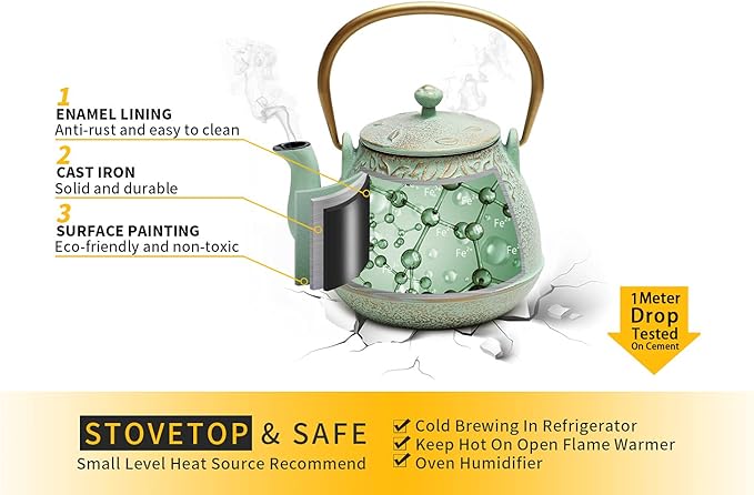Tea Kettle, TOPTIER Japanese Cast Iron Teapot with Infuser for Loose Leaf and Tea Bags, Stovetop Safe Cast Iron Tea Kettle Coated with Enameled Interior for 40 oz (1200 ml), Light Green