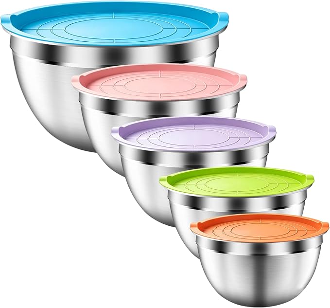 Mixing Bowls with Airtight Lids Set, 5 PCS Stainless Steel Colorful | Nesting Storage Bowls for Kitchen, Large Prep Metal Bowl, 5.5/4/3.5/2/1.5 QT for Mixing, Serving & Backing, Dishwasher Safe