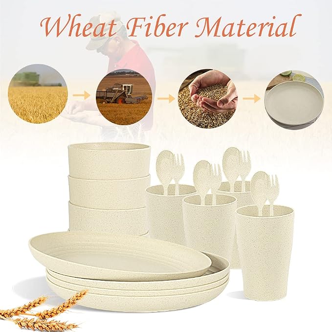 Wheat Straw Dinnerware Sets, 20pcs Lightweight Unbreakable Dinnerware, Microwave Dishwasher Safe Bowls Cups Forks Spoons set,Perfect for Camping Outdoor, Beige