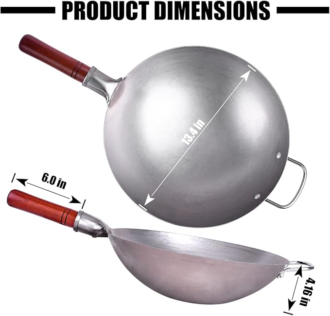 Teewe Carbon Steel Wok Traditional Hand Hammered - 13.4" Chinese Woks Round Bottom Wok Pan Set with 8 Pcs Cookware Accessories