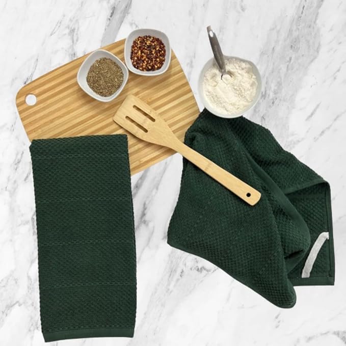 Dark Green Kitchen Hand Dish Towels, Set of 3, 100% Cotton, 18" x 28" | Terry Loop Textured, Soft & Absorbent Cleaning Cloth, Quick Dry, Multipurpose for Everyday Use