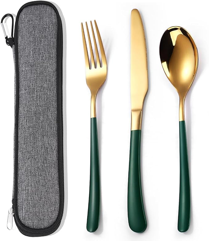 MURRI&MURRDI Travel Stainless Steel Cutlery Set for 1, Reusable Flatware Set with Case, Camping Silverware Set for Work, Knife Fork Spoon Utensil Set 3 Piece (Green Gold)