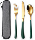 MURRI&MURRDI Travel Stainless Steel Cutlery Set for 1, Reusable Flatware Set with Case, Camping Silverware Set for Work, Knife Fork Spoon Utensil Set 3 Piece (Green Gold)