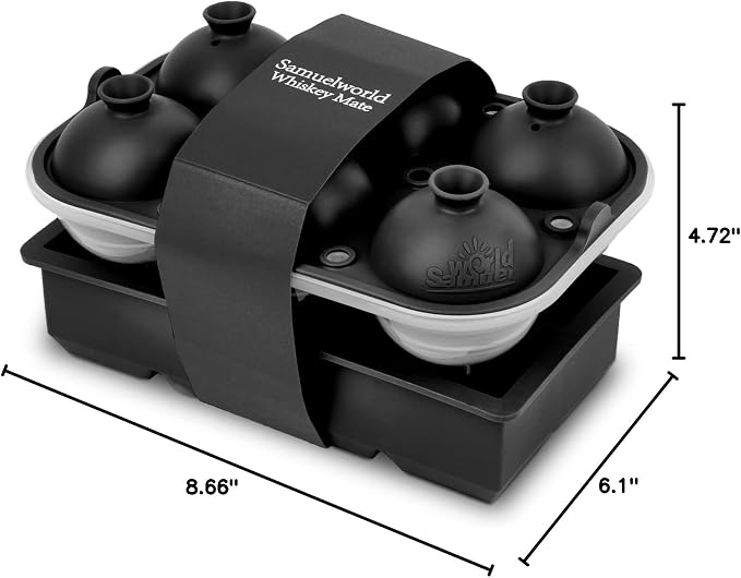 Samuelworld Premium Ice Tray Combo, Large Ice Sphere Maker & Giant Ice Cube Trays, 2 Packs, Food Grade, Easy To Use, Spill-Free Integrated Funnels, Whiskey Bourbon Cocktails (Black)