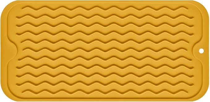 Silicone Dish Drying Mat, Non-Slip Easy Clean Sink Mat, Yellow, 12" x 6" | Quick-Dry Ridges, Large Heat-resistant Dish Drainer Mat for Kitchen Counter, Hangable & Roll-Up for Storage, Dishwasher Safe