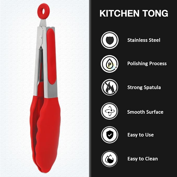 7 inch Small Serving Tongs with Silicone Tips 3 Pack(Red) | Stainless Steel Handle, Non-Scratch, Heat Resistant