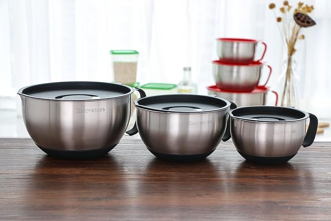 Stainless Steel Mixing Bowls Set with Lids,1.5,3 & 5 Qt,Black | Non-Slip Silicone Base,Precision Pour Spout,Ergonomic Easy-Grip Handle,Measurement Marks,Airtight Lids,Cooking & Meal Prep