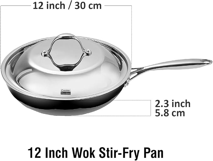Cooks Standard Multi-Ply Clad 12-Inch Stainless Steel Frying Pan with Lid, Everyday Wok Stir Fry Pan Kitchen Skillet, Stay-Cool Handle, Induction Compatible Cookware, Dishwasher Oven Safe