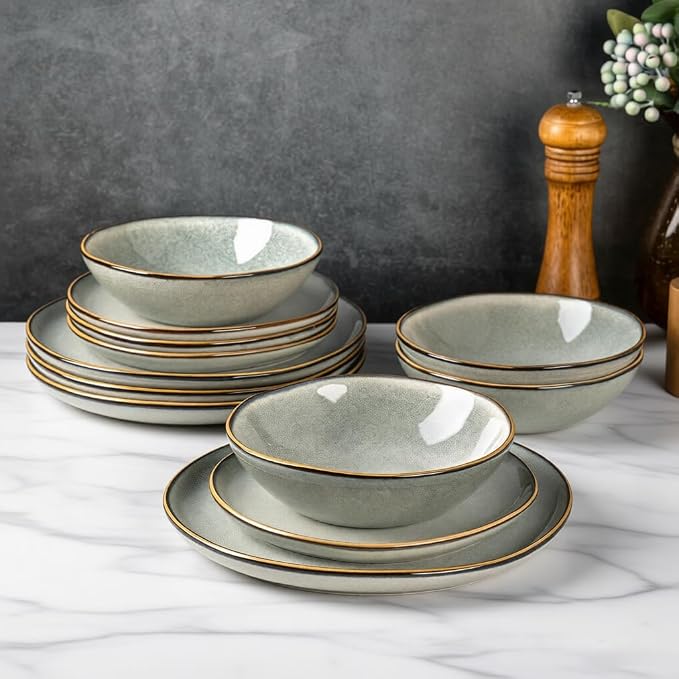 AmorArc Ceramic Dinnerware Sets for 4, 12Pcs Plates and Bowls Sets Dishes | Stoneware Handmade Reactive Glaze Dinner Set, Highly Scratch Resistant | Dishwasher & Microwave Safe Dishware