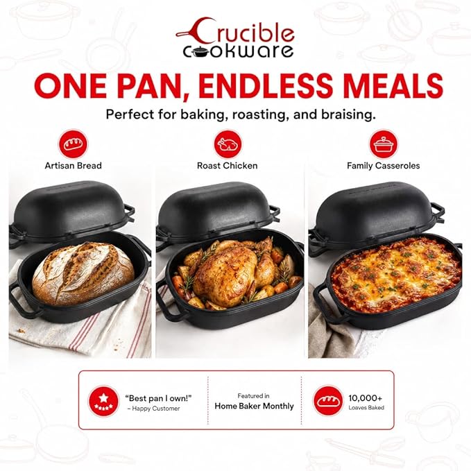 Crucible Cookware Extra Large Cast Iron Artisan Bread Pan 6 Loop Handles Deep Lid for Steam Baking - Sourdough Bread Oven, Covered Loaf Baker
