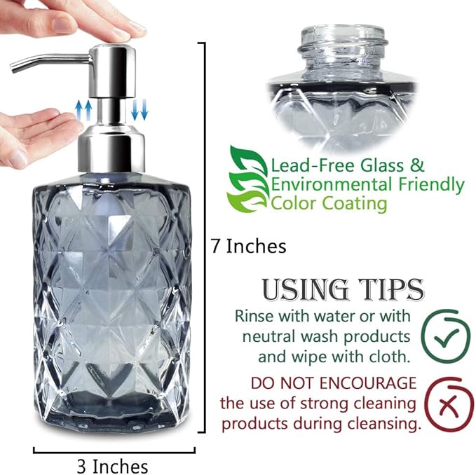 JASAI 12Oz Diamond Grey Glass Soap Dispenser with 304 Rust Proof Soap Pump | Dish Soap Dispenser with 304 Rust Proof for Kitchen, Bathroom Soap dispenser for Hand Soap, Liquid Soap