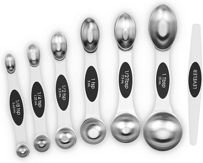 Aovchei 7 PCS Black Magnetic Measuring Spoons Set | Dual Sided, Stainless Steel Small Tablespoon, Teaspoons, Fits in Spice Jars, for Dry and Liquid