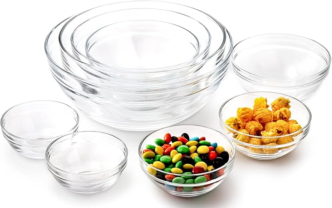 Lawei Set of 9 Glass Mixing Bowls - Glass Nesting Bowls Prep Bowl Clear Salad Bowls for Kitchen Prep Salad, Cereal, Ice Cream, Pasta, Fruits