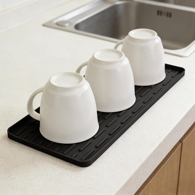 Silicone Coffee Mat 16 x 7 in Classic Black | Coffee bar mat for countertop use Heat-Resistant,Eco-friendly,Hygienic Drying Pad,Leak-Proof and Non-Slip