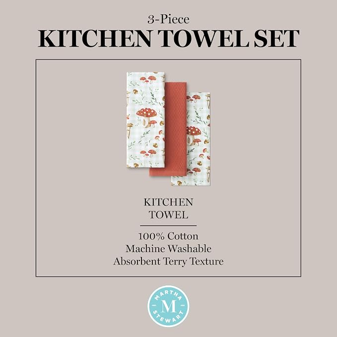 Martha Stewart Autumn Harvest Mushroom Plaid Kitchen Towel 3-Pack Set, 100% Cotton with Absorbent Terrycloth, Decorative Kitchen Towels, Burnt Orange/Green/White, 16"x28"