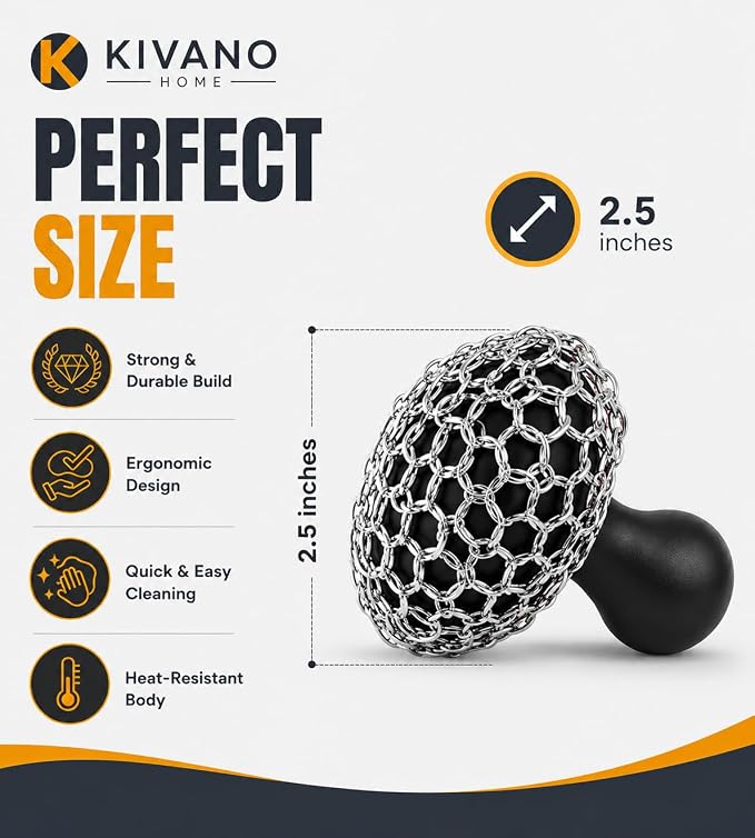 Cast Iron Scrubber with 2 Pan Scrapers – 316L Stainless Steel Chainmail Cleaner for Cast Iron Skillets, Woks, Dutch Ovens & Carbon Steel Pans
