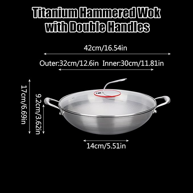 12.6 Inch Titanium Hammered Wok with Double Handles, Frying Pans Nonstick, Non-Stick Wok, Scratch-Resistant Non Stick Titanium Pans for Cooking,with lid 12.6in