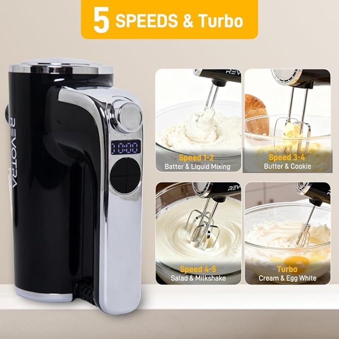 Electric Hand Mixer, Handheld Mixer with LCD Display and Storage Base | 5 Speeds & Turbo, One-Button Eject, 2 Beaters, 2 Dough Hooks, 1 Whisks, Kitchen Blender for Eggs, Cream, Dough, Baking