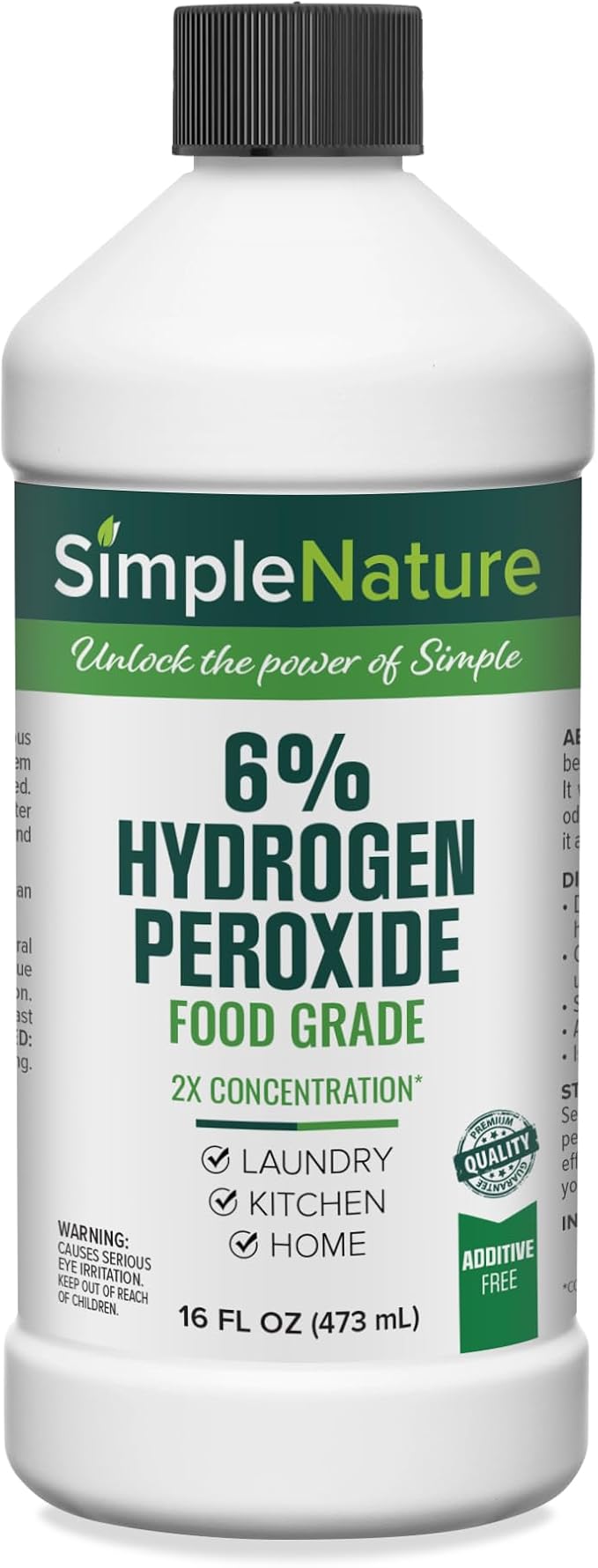 SimpleNature 6% Food Grade Hydrogen Peroxide (16 fl oz) - Natural Multipurpose Cleaner - Made in USA - Ideal for Commercial, Residential, Kitchen, Bath, Laundry, and More