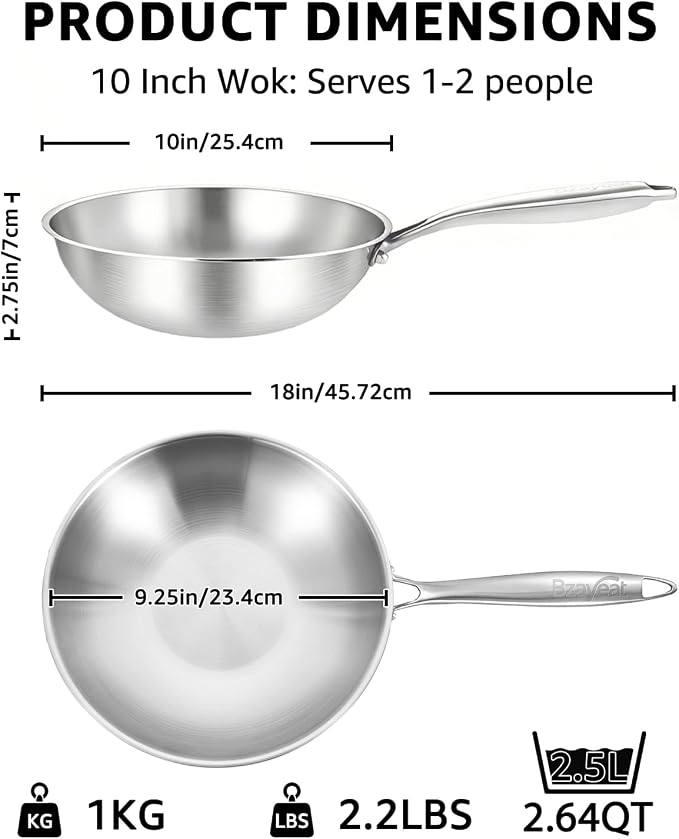 10'' Small Tri-Ply Stainless Steel Wok, Uncoated Wok for Stir Fry | PFOA/PFOS Free, Heavy-Gauge Flat Bottomed Cookware, Suitable for Induction & Electric Stoves, Detachable Handle