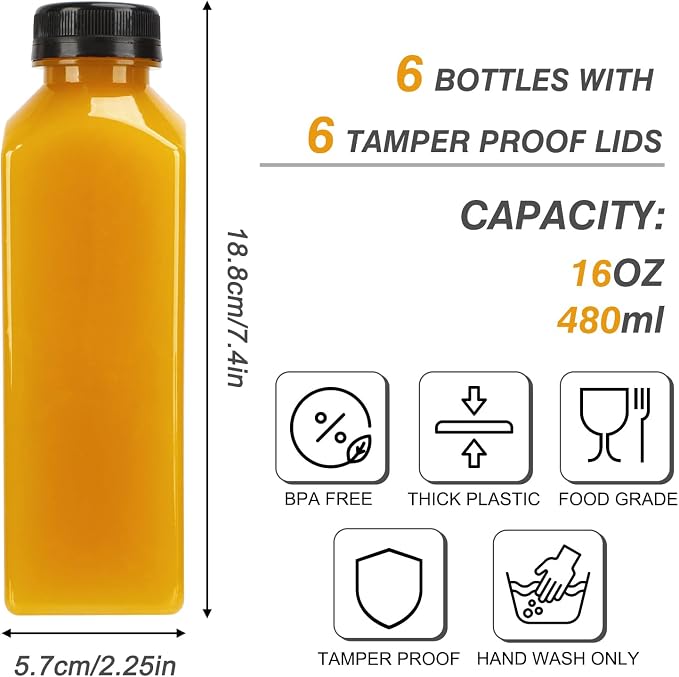 6pcs 16oz Plastic Juice Bottles with Caps, Sticker Labels, Brush | Reusable Clear Juice Bottles with Caps and Labels, Funnel, Brush Beverage Containers for Juicing, Smoothies, Tea, Milk