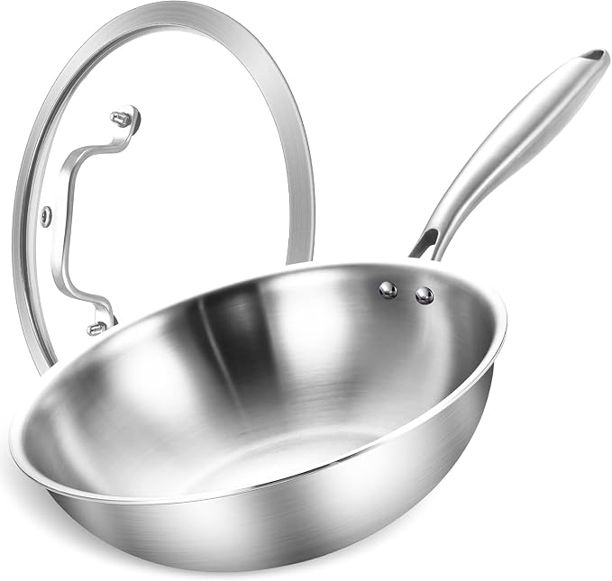 LOLYKITCH 11-Inch Tri-Ply Stainless Steel Wok Pan with Lid | Riveted Handle | Stir-Frying Pan | Induction Wok | Dishwasher and Oven Safe | Heavy-Duty | Flat-Bottom