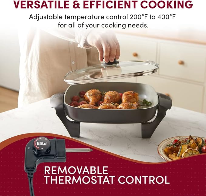 Elite Gourmet Ceralast PFAS-Free Ceramic Electric Skillet, 1200W, Dark Gray | Dishwasher Safe, Rapid Heat-Up Coating, 12"x12" Cooking Surface, Non-Stick for Everyday Meals - 2.15" Deep Design