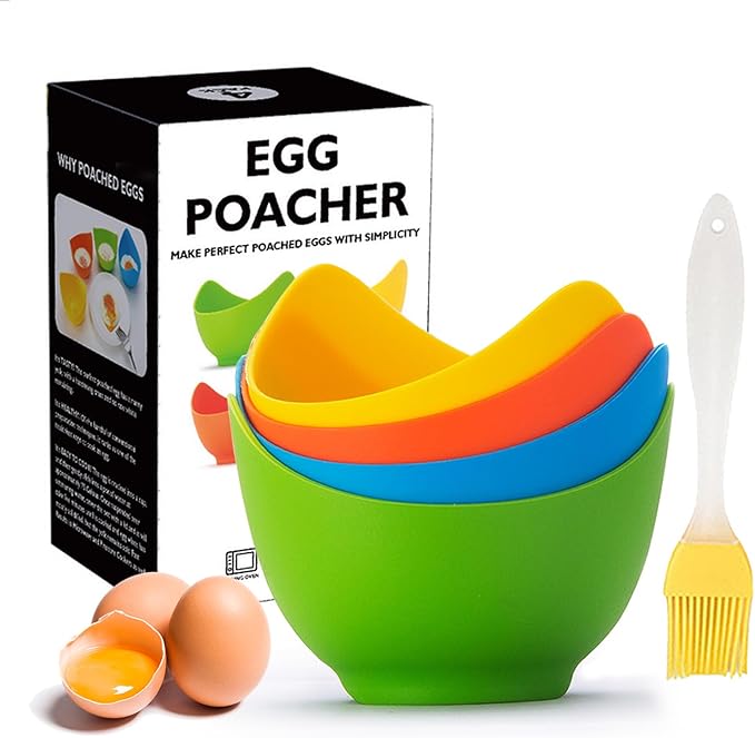 Silicone Egg Poacher Cups, 4 Pack with Stable Ring Base | Make Poached Eggs Easily on Stovetop, Microwave, Air Fryer or Oven, Easy Release, BPA-Free, Includes Oil Brush