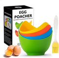 Silicone Egg Poacher Cups, 4 Pack with Stable Ring Base | Make Poached Eggs Easily on Stovetop, Microwave, Air Fryer or Oven, Easy Release, BPA-Free, Includes Oil Brush