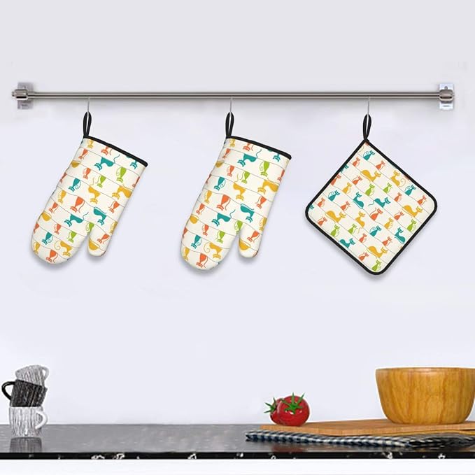 Mid Century Modern Cats Oven Mitts and Pot Holders Set Heat Resistant Cute Oven Gloves for BBQ Baking Grilling Cooks Kitchen Decor 3 Piece
