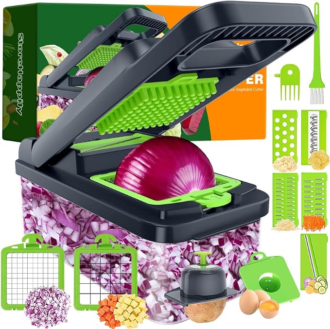 12-in-1 Vegetable Chopper 7 Blades, Veggie Cutter with Handle, Green/Grey | Stainless Steel Blades, Food Container and Lid, Dicer, Slicer, Julienne, Egg Separator, Non-slip Base, Include Cleaning Tools