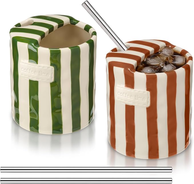 2 Pack Ceramic Mug with Sip Hole, Simple, Green, Brown | 10oz Ceramic Coffee Cup with Straws, Retro Hand Painted Striped, for Iced Coffee Tea Latte Espresso, Kitchen Dining Travel