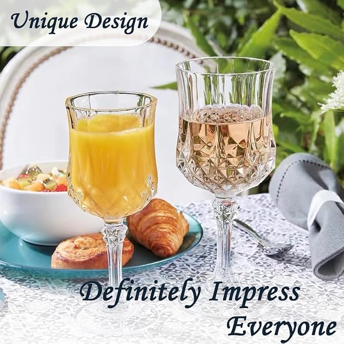 24Pack Plastic Wine Glasses, 7oz Vintage Goblets for Wedding | Unbreakable Crystal Style Reusable Stemware, Elegant Clear Drinking Glass for Party Anniversary & Holiday Celebration