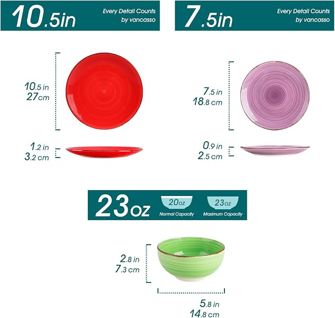 vancasso Bonita Dinnerware Set Multicolor Stoneware 12 Pieces Service for 4 | Handpainted Spirals Pattern Stoneware Plates and Bowls Set, Modern Ceramic Plate Set-Microwave and Dishwasher Safe