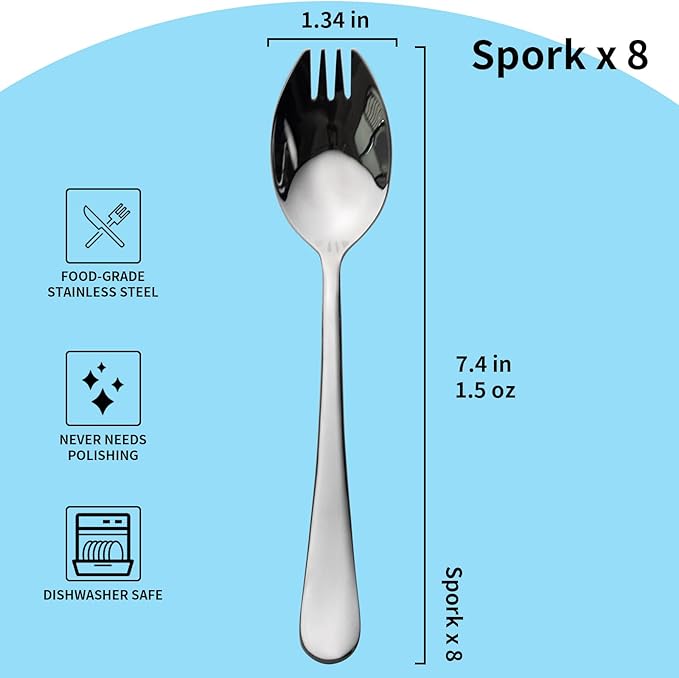Alata Sporks, 8-Pack Food-grade Stainless Steel Sporks, 7.4 Inches Long Handle Salad Forks For Dessert, Ice Cream, Salad, Soup, Noodle, Spaghetti, Dishwasher Safe