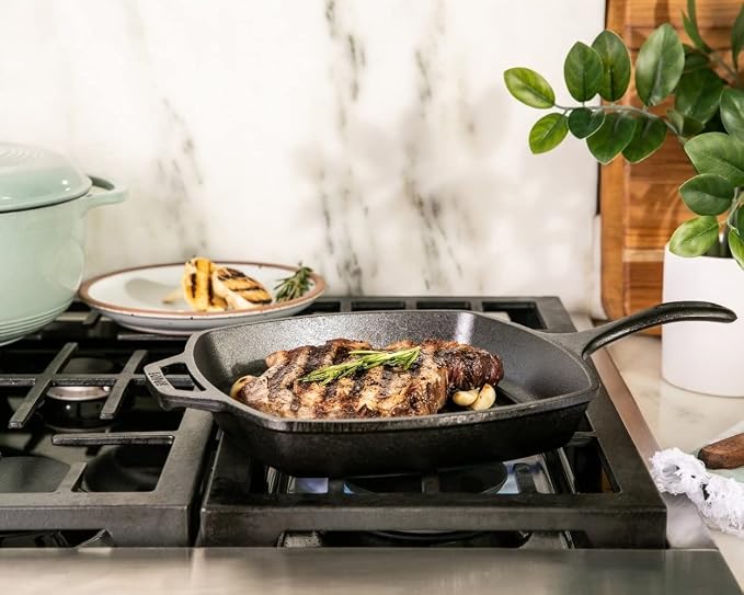 Lodge Square Cast Iron Grill Pan 10.5 Inches - Pre-Seasoned Square Skillet - Ridged Burger Grill Pan - Even Heat Distribution - PFAS-Free Non-Toxic Cookware