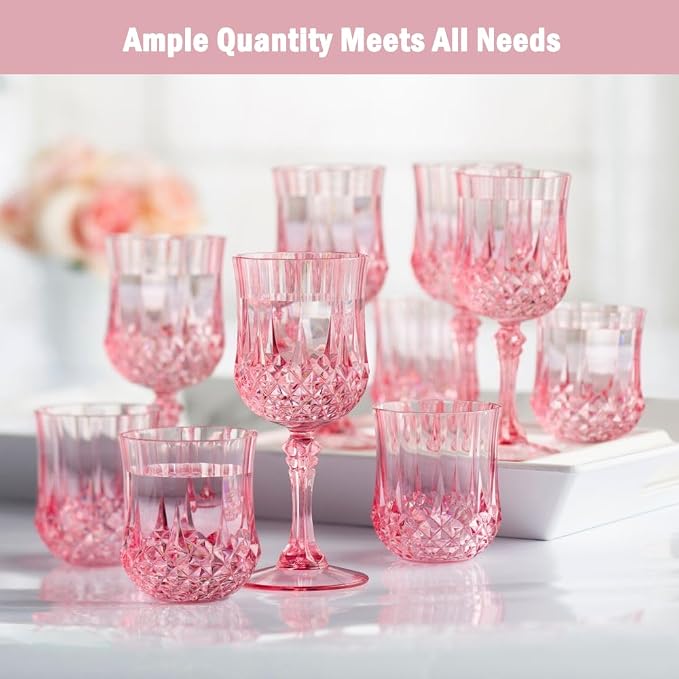 48Pack Plastic Wine Glasses, 7oz Vintage Goblets for Wedding | Unbreakable Crystal Style Reusable Stemware, Elegant Pink Drinking Glass for Party Anniversary & Holiday Celebration