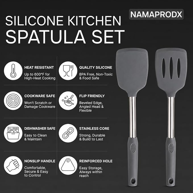 Silicone Spatula Set (2-Pc) - 600°F Heat Resistant, BPA Free, Non-Scratch, Dishwasher Safe I Slotted & Solid Kitchen Spatula Turners I Ideal for Eggs, Pancakes, Fish I Stainless Steel I Gray