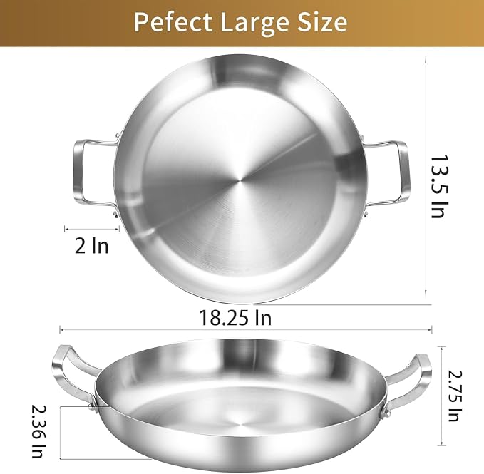 Inqibee 13 Inch Tri-ply Stainless Steel Paella Pan with Lid | Large Frying Pan with Double Riveted Handles, Wide Shallow Paella for Stovetop, Induction Compatible, Oven Safe, 3-5 Servings