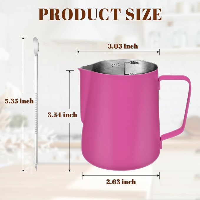 Amrules Milk Frothing Pitcher 12oz Frother Cup Barista Tools, Rose Red | 18/8 Stainless Steel, 12oz Capacity with Clear Scale, with Decorating Pen, Ergonomic Handle, for Cappuccino, Latte & Espresso