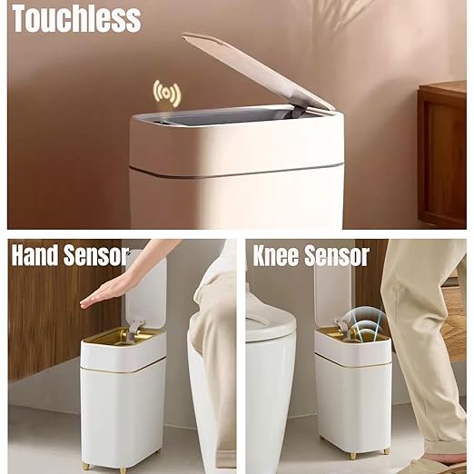2-Pack Automatic Bathroom Trash Can with Lid, Slim Motion Sensor Garbage Can, Waterproof Touchless Trash Bin, Smart Trashcan for Bedroom, Living Room, Narrow Space, 2.3 Gallon, White+Gold Trim